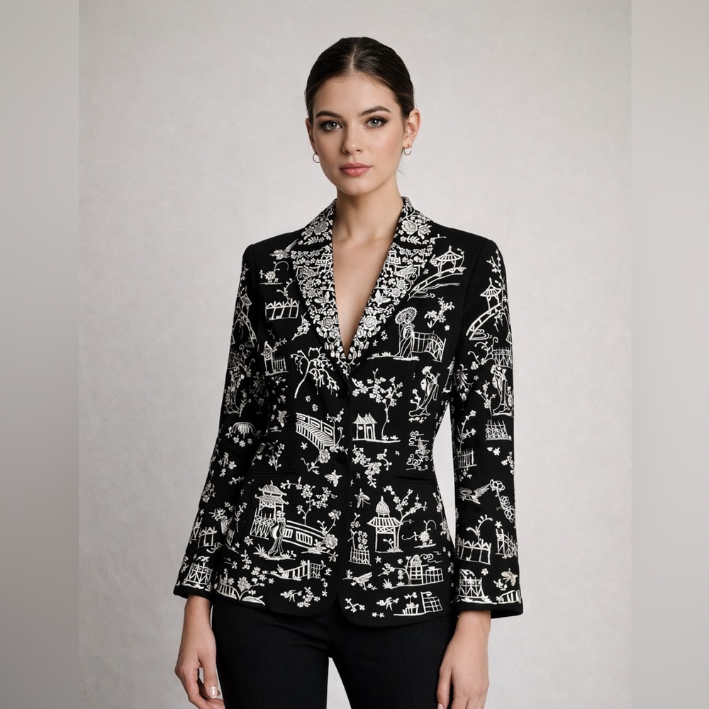 Saks Fifth Avenue BCBGMaxAzria Black Blazer with Embroidered Asian Tapestry sz 4
